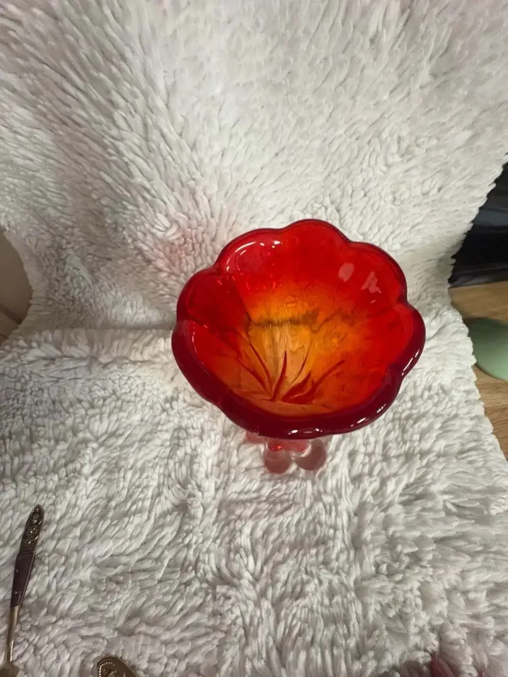 Vintage Ruby Red and Orange Swirl Art Glass Swung Vase with Petal Base